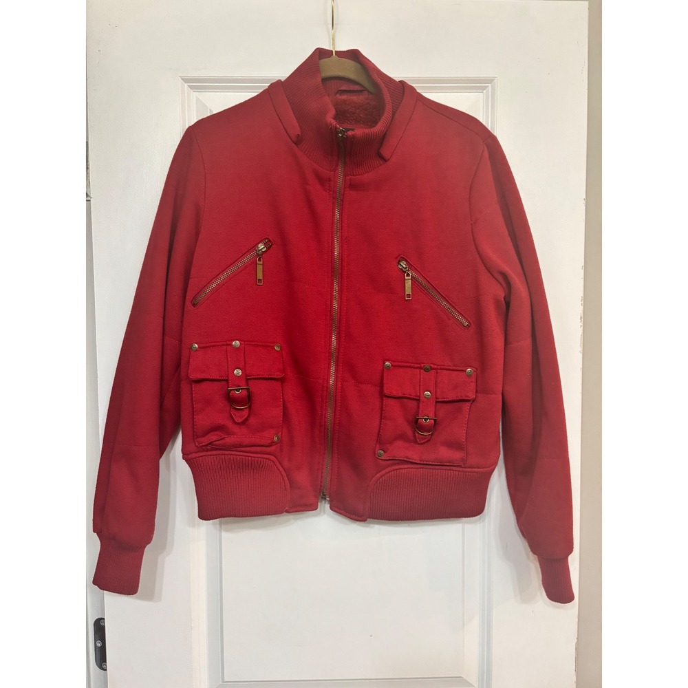 Wet Seal Red Faux Fur Lined Bomber Utility Jacket Women XL Vintage Y2K Cargo